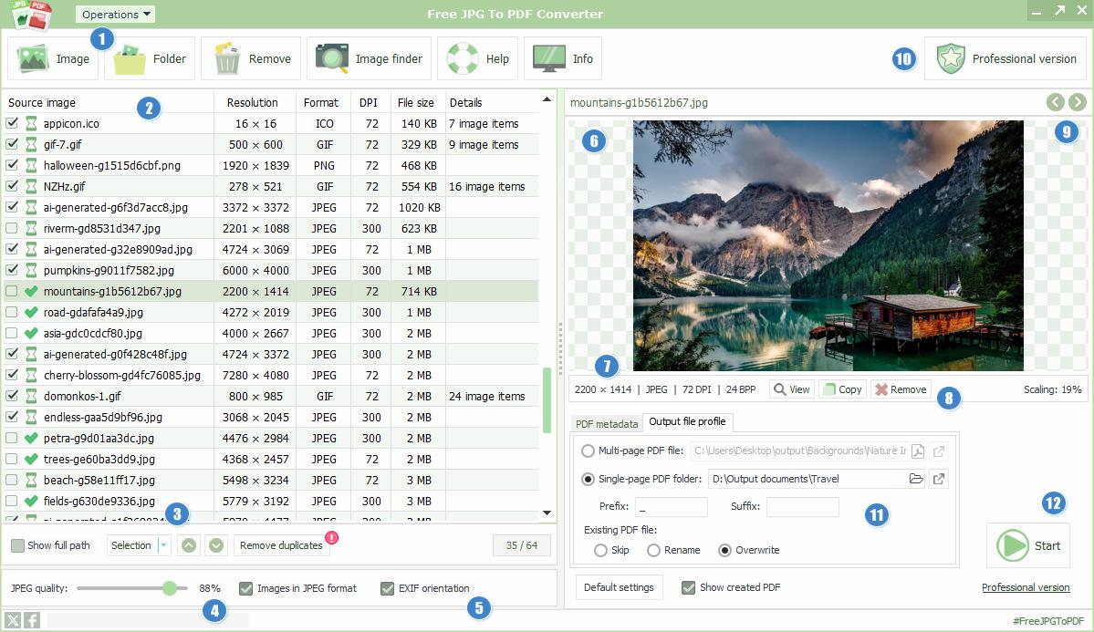 Controles gráficos del programa Free JPG To PDF Converter