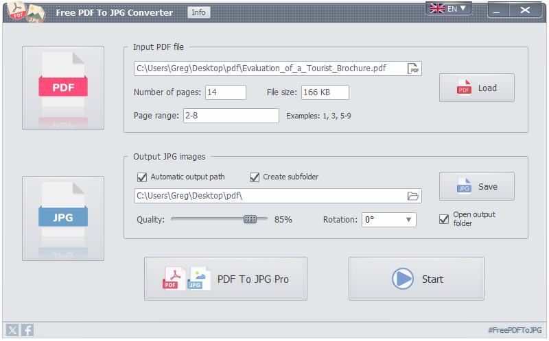 Free PDF To JPG Converter - Fenêtre principale du logiciel