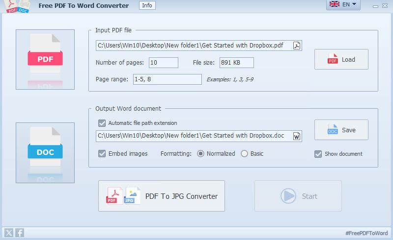 Free PDF To Word Converter - Fenêtre principale du logiciel avec options de configuration