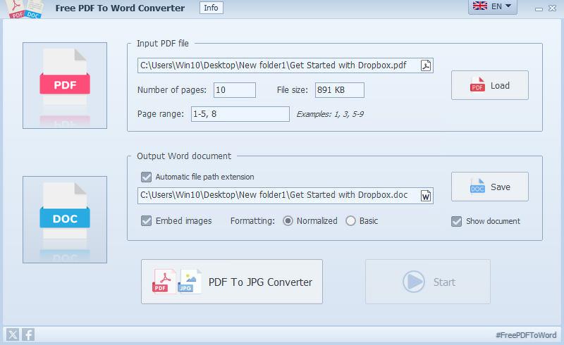 Free PDF To Word Converter - Hauptfenster der Software mit Konfigurationsoptionen