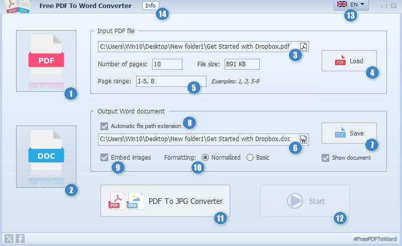 Interface graphique de Free PDF To Word Converter