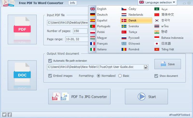 Free PDF To Word Converter - Menu des paramètres linguistiques