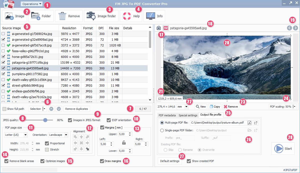 Interfaz gráfica de usuario de FM JPG To PDF Converter Pro