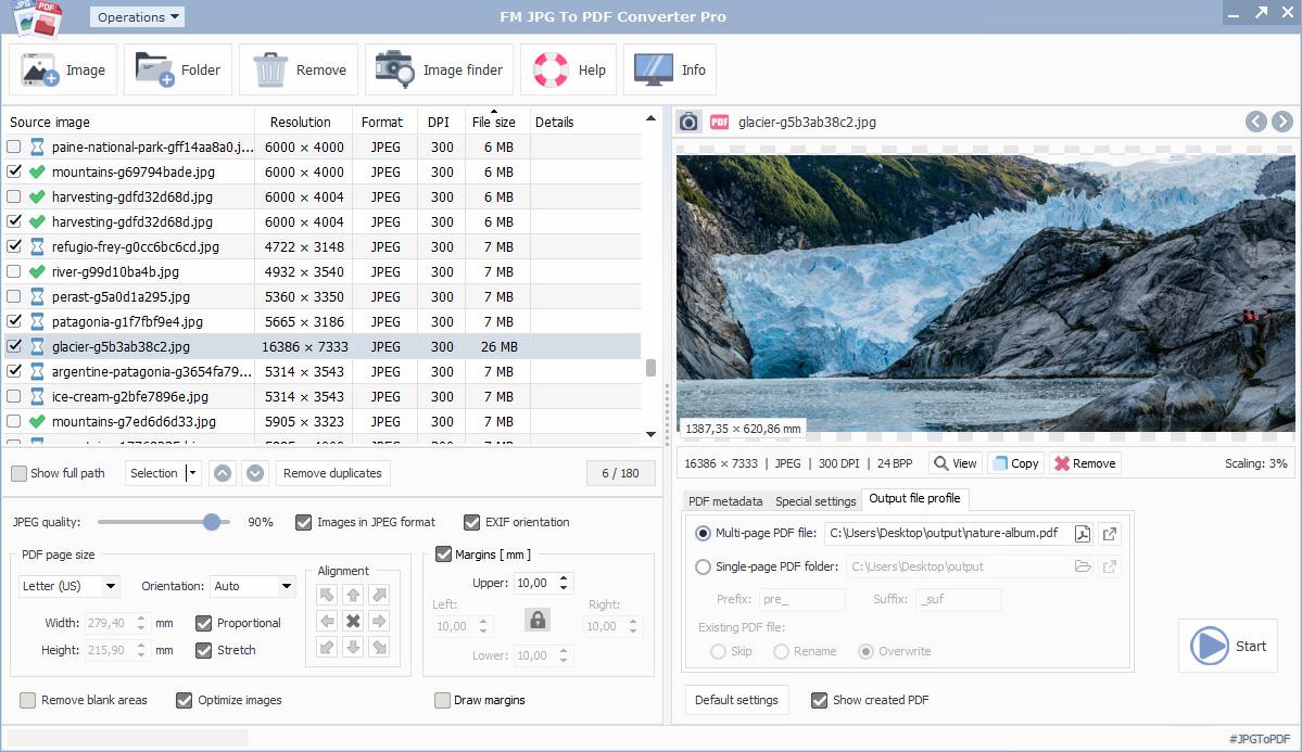 Ventana principal del software con controles y panel de previsualización - FM JPG To PDF Converter Pro