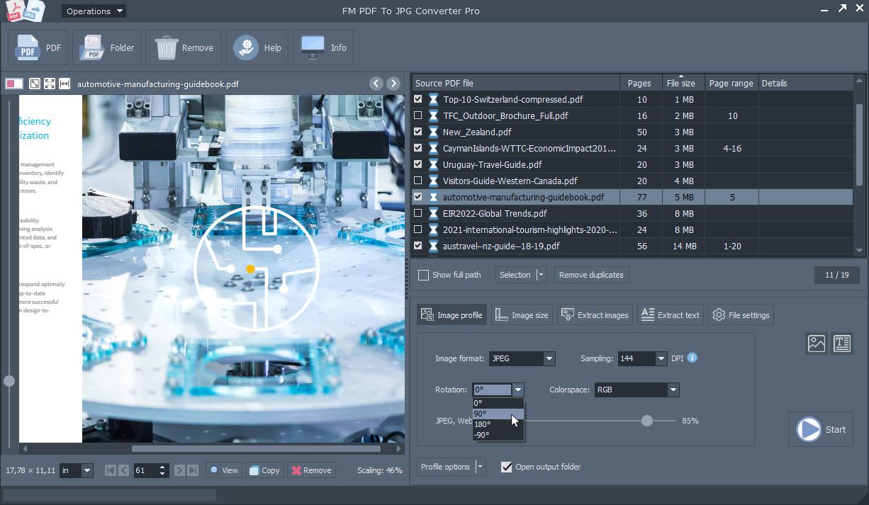 FM PDF To JPG Converter Pro - Onglet profil d'image avec rotation, espace colorimétrique et échantillonnage