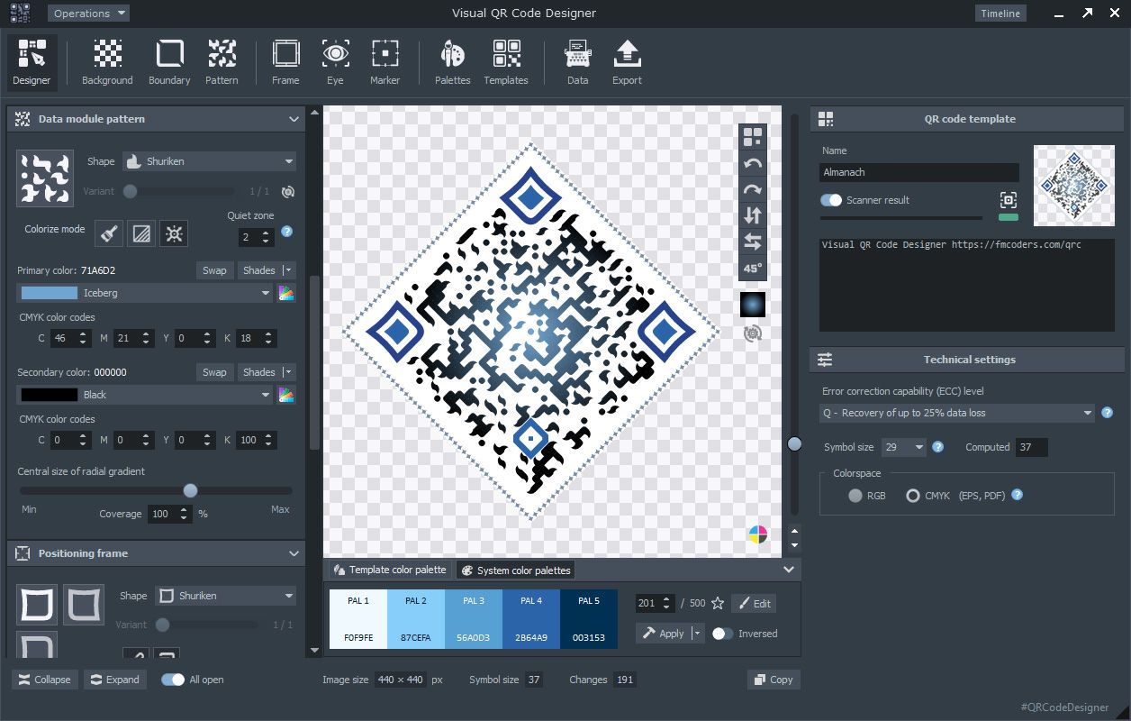 Visual QR Code Designer - A QR-kód sablon előnézete mátrix transzformációval és CMYK színtérrel