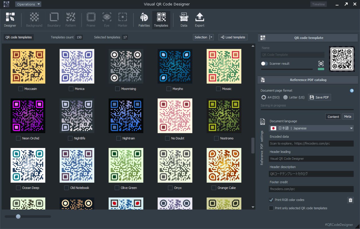 Visual QR Code Designer - Előre telepített QR-kód sablonok és a referencia PDF katalógus opciói