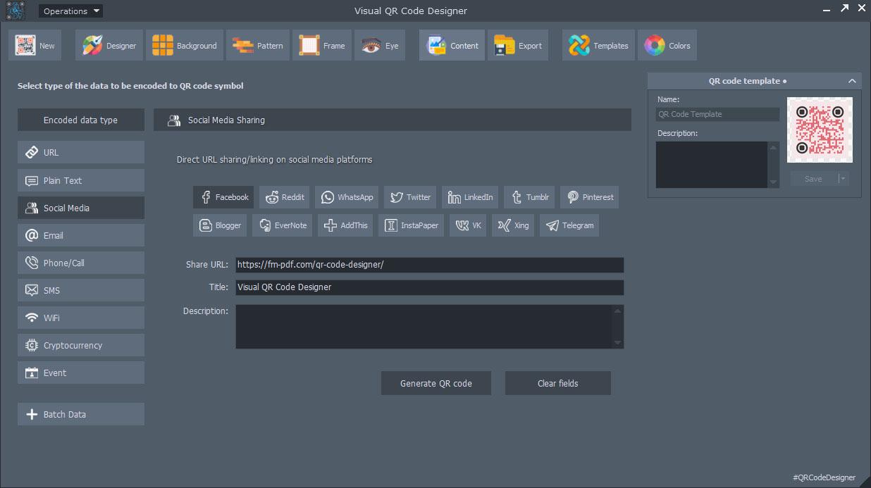 Visual QR Code Designer - Inhaltspanel mit Freigabe für soziale Medien