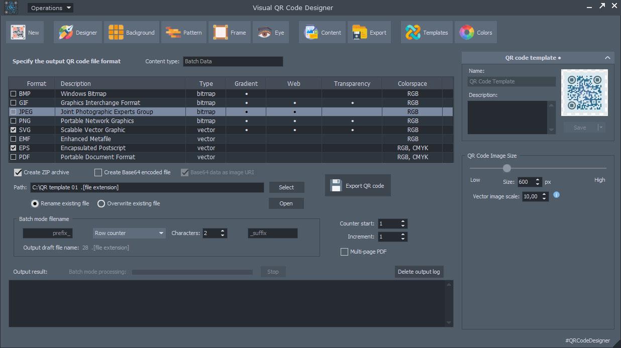Visual QR Code Designer - Panneau de paramètres d'exportation avec plusieurs formats de fichiers de sortie
