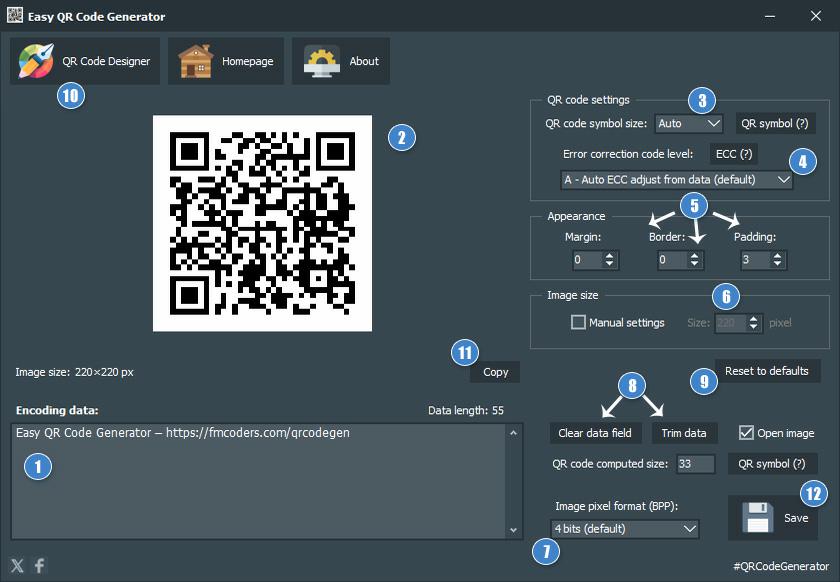 Anzeige von Easy QR Code Generator mit Steuerelementen