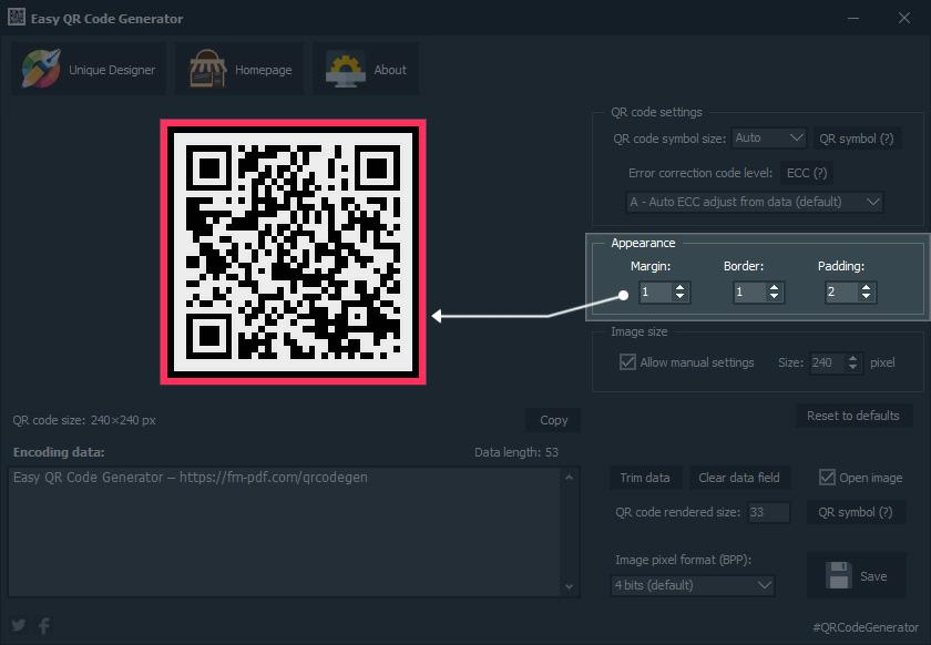 Easy QR Code Generator - Impostazione della visualizzazione dell'immagine del codice QR (margine)