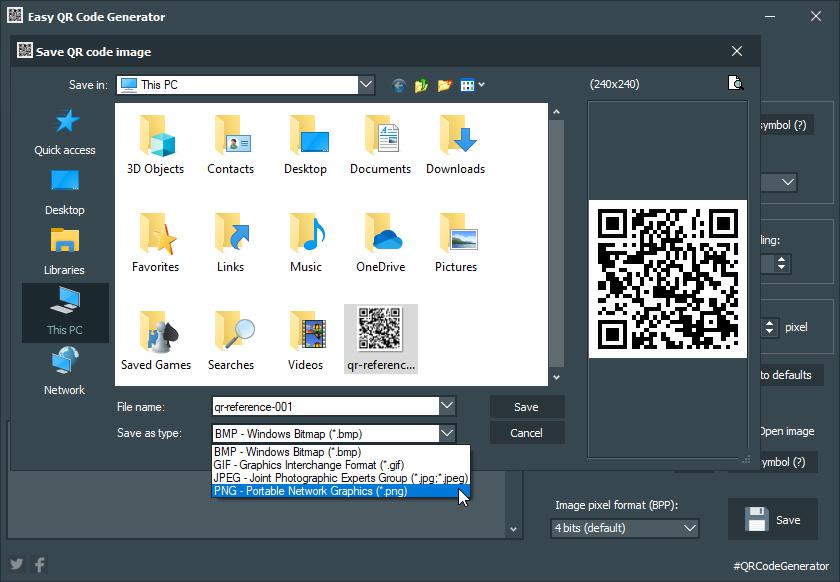 Easy QR Code Generator - Formati immagine di output supportati